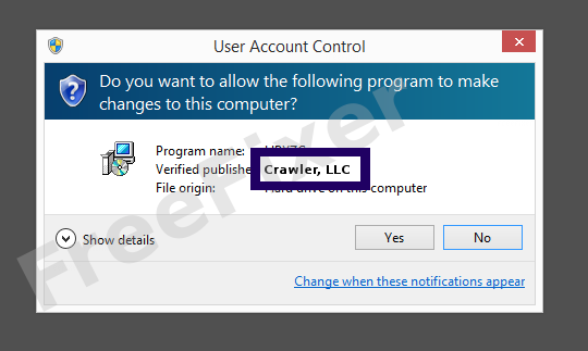 Screenshot where Crawler, LLC appears as the verified publisher in the UAC dialog